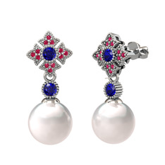 Teimei İnci Küpe - Inci, lab safir ve rodolit garnet 8 ayar beyaz altın küpe #u3y3om