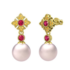 Teimei İnci Küpe - Pembe inci, rodolit garnet ve sitrin 18 ayar altın küpe #ulnxr1