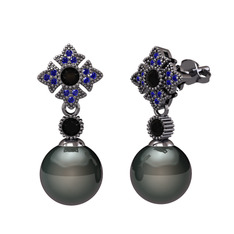 Teimei İnci Küpe - Siyah inci, siyah zirkon ve lab safir 925 ayar siyah rodyum kaplama gümüş küpe #umye8s