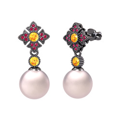 Teimei İnci Küpe - Pembe inci, sitrin ve rodolit garnet 925 ayar siyah rodyum kaplama gümüş küpe #v43qtx