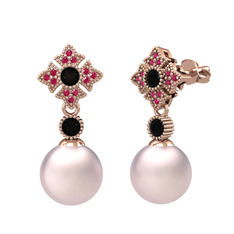 Teimei İnci Küpe - Pembe inci, siyah zirkon ve rodolit garnet 925 ayar rose altın kaplama gümüş küpe #v6843v