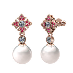 Teimei İnci Küpe - Inci, pırlanta ve rodolit garnet 14 ayar rose altın küpe (0.44 karat) #vlff5