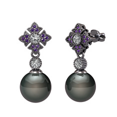 Teimei İnci Küpe - Siyah inci, swarovski ve ametist 925 ayar siyah rodyum kaplama gümüş küpe #vuecoo