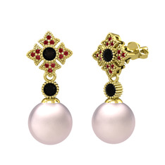 Teimei İnci Küpe - Pembe inci, siyah zirkon ve garnet 14 ayar altın küpe #vv4gvm