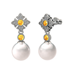 Inci, sitrin ve swarovski 8 ayar beyaz altın küpe
