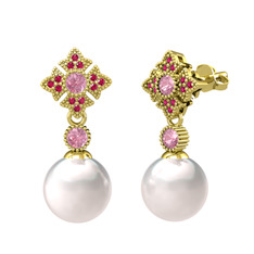 Inci, pembe kuvars ve rodolit garnet 8 ayar altın küpe