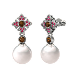 Teimei İnci Küpe - Inci, dumanlı kuvars ve rodolit garnet 14 ayar beyaz altın küpe #wi40lo