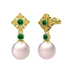 Pembe inci, yeşil kuvars ve sitrin 14 ayar altın küpe