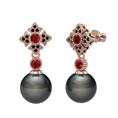 Teimei İnci Küpe - Siyah inci, garnet ve siyah zirkon 18 ayar rose altın küpe #wkuvsb