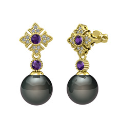 Siyah inci, ametist ve beyaz zirkon 8 ayar altın küpe