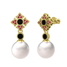 Teimei İnci Küpe - Inci, siyah zirkon ve rodolit garnet 8 ayar altın küpe #wt6ts6