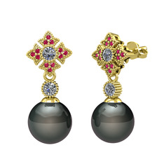 Teimei İnci Küpe - Siyah inci, pırlanta ve rodolit garnet 8 ayar altın küpe (0.44 karat) #xbs4bh
