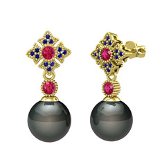 Teimei İnci Küpe - Siyah inci, rodolit garnet ve lab safir 925 ayar altın kaplama gümüş küpe #xbujua