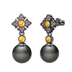 Teimei İnci Küpe - Siyah inci, sitrin ve pembe kuvars 925 ayar siyah rodyum kaplama gümüş küpe #xelr73