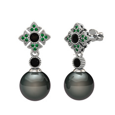 Siyah inci, siyah zirkon ve yeşil kuvars 18 ayar beyaz altın küpe