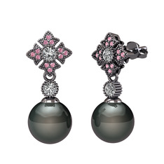 Teimei İnci Küpe - Siyah inci, beyaz zirkon ve pembe kuvars 925 ayar siyah rodyum kaplama gümüş küpe #xsrunm