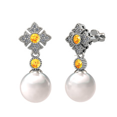 Teimei İnci Küpe - Inci, sitrin ve pırlanta 8 ayar beyaz altın küpe (0.2112 karat) #y31w04