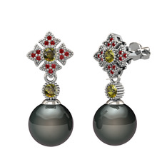 Teimei İnci Küpe - Siyah inci, peridot ve garnet 8 ayar beyaz altın küpe #yahalb