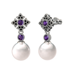 Teimei İnci Küpe - Inci, ametist ve siyah zirkon 18 ayar beyaz altın küpe #ydj8eu