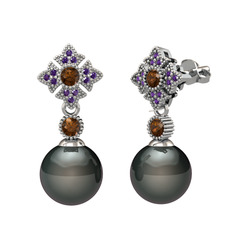 Teimei İnci Küpe - Siyah inci, dumanlı kuvars ve ametist 925 ayar gümüş küpe #yk728s