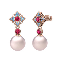Pembe inci, rodolit garnet ve akuamarin 18 ayar rose altın küpe