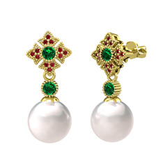 Teimei İnci Küpe - Inci, yeşil kuvars ve garnet 18 ayar altın küpe #zjd44j