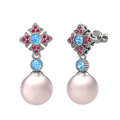 Pembe inci, akuamarin ve rodolit garnet 14 ayar beyaz altın küpe