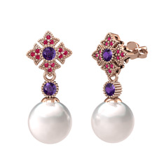 Teimei İnci Küpe - Inci, ametist ve rodolit garnet 18 ayar rose altın küpe #zybhr4