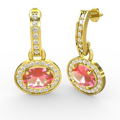 Pembe kuvars ve beyaz zirkon 8 ayar altın küpe