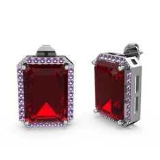 Garnet ve ametist 18 ayar beyaz altın küpe