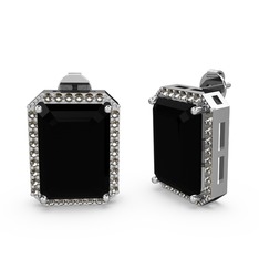 Siyah zirkon ve dumanlı kuvars 14 ayar beyaz altın küpe