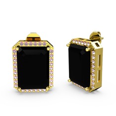 Avis Küpe - Siyah zirkon ve pembe kuvars 14 ayar altın küpe #1sj7kx2