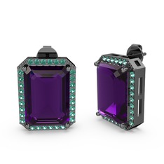 Avis Küpe - Ametist ve yeşil kuvars 925 ayar siyah rodyum kaplama gümüş küpe #2bq7x4