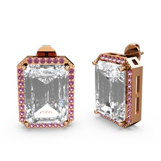 Beyaz zirkon ve rodolit garnet 14 ayar rose altın küpe