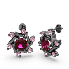 Floren Küpe - Pembe kuvars ve rodolit garnet 925 ayar siyah rodyum kaplama gümüş küpe #18aijaj