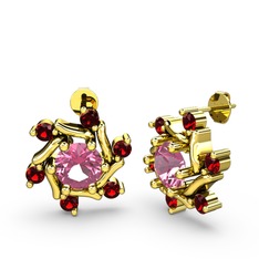 Garnet ve pembe kuvars 14 ayar altın küpe