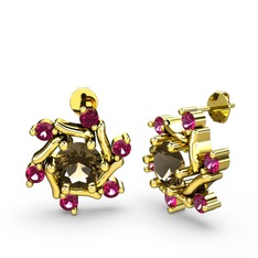 Floren Küpe - Rodolit garnet ve dumanlı kuvars 18 ayar altın küpe #1byhbxk