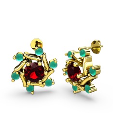 Kök zümrüt ve garnet 14 ayar altın küpe