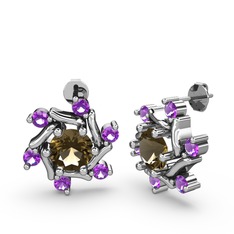 Floren Küpe - Ametist ve dumanlı kuvars 18 ayar beyaz altın küpe #1nsst1p