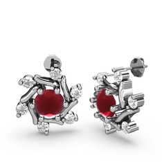 Floren Küpe - Beyaz zirkon ve kök yakut 14 ayar beyaz altın küpe #1o0b1wx