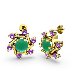 Ametist ve kök zümrüt 14 ayar altın küpe