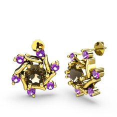 Ametist ve dumanlı kuvars 8 ayar altın küpe