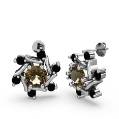 Siyah zirkon ve dumanlı kuvars 14 ayar beyaz altın küpe