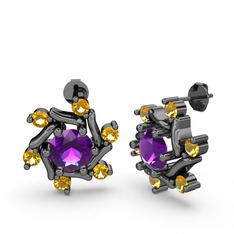 Floren Küpe - Sitrin ve ametist 925 ayar siyah rodyum kaplama gümüş küpe #33qd0r