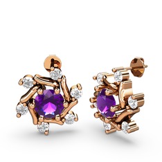 Beyaz zirkon ve ametist 8 ayar rose altın küpe