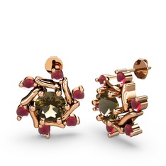 Kök yakut ve dumanlı kuvars 8 ayar rose altın küpe