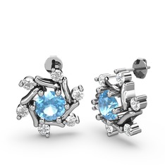 Floren Küpe - Beyaz zirkon ve akuamarin 8 ayar beyaz altın küpe #flel3u