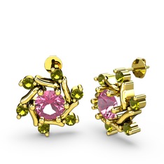 Peridot ve pembe kuvars 18 ayar altın küpe