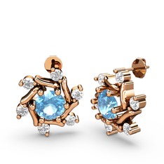 Beyaz zirkon ve akuamarin 8 ayar rose altın küpe