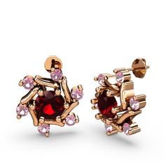 Pembe kuvars ve garnet 14 ayar rose altın küpe